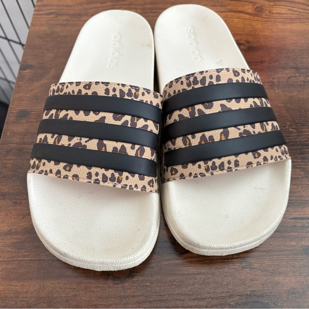 Adidas Brown and Black Sandals with Animal Print